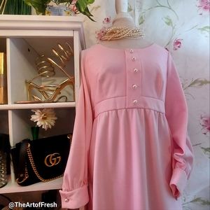 Vintage 70s Pastel Pink Maxi Gown Dress Curvy Cottage Style with Pearls